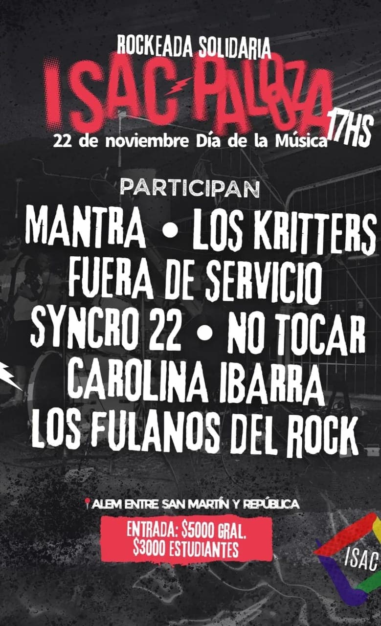 Flyer de Rockeada Solidaria — ISAC Palooza — 22 de noviembre